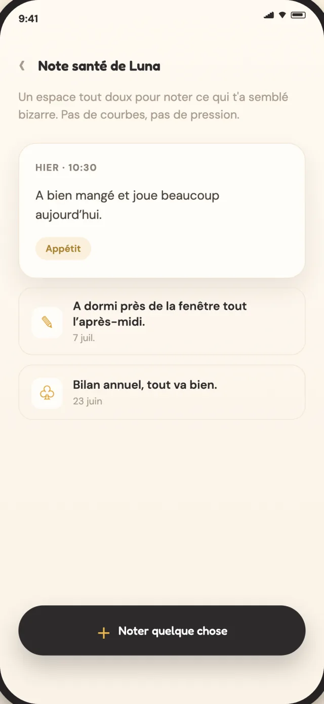 Notes de santé CatLitter pour un chat, enregistrées en privé sur l'appareil