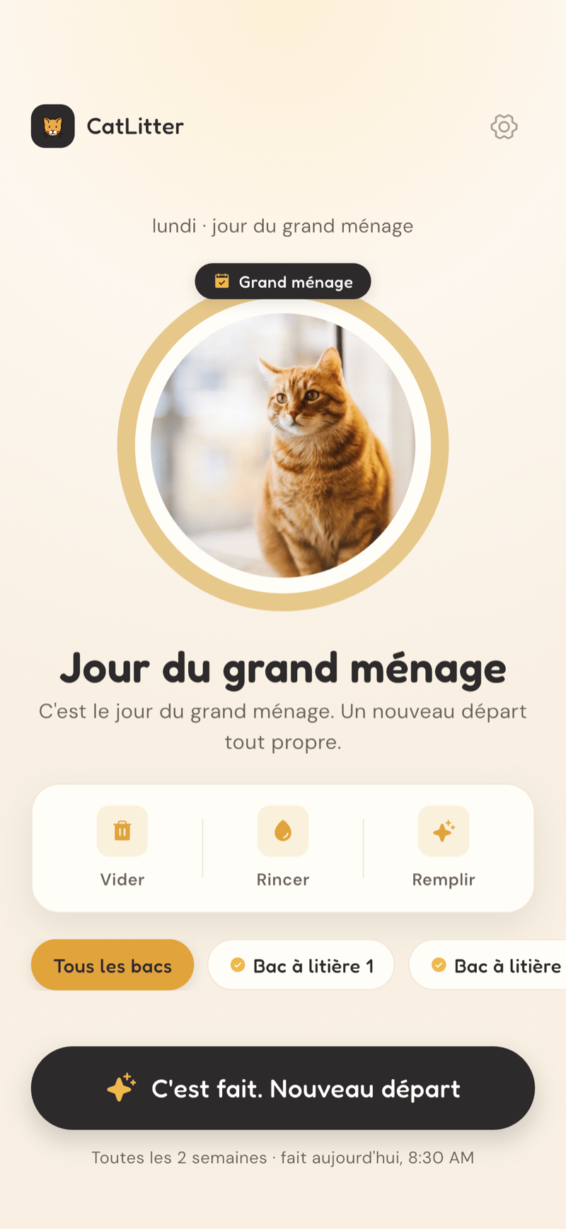 Écran d'accueil de CatLitter un jour de grand ménage, avec l'anneau presque vide et un bouton Nettoyé