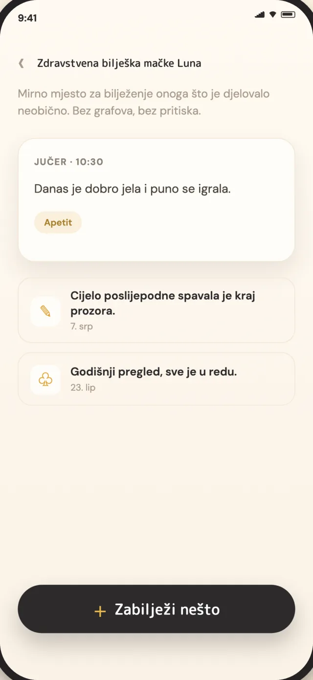 Zdravstvene bilješke mačke u CatLitteru, privatno pohranjene na uređaju