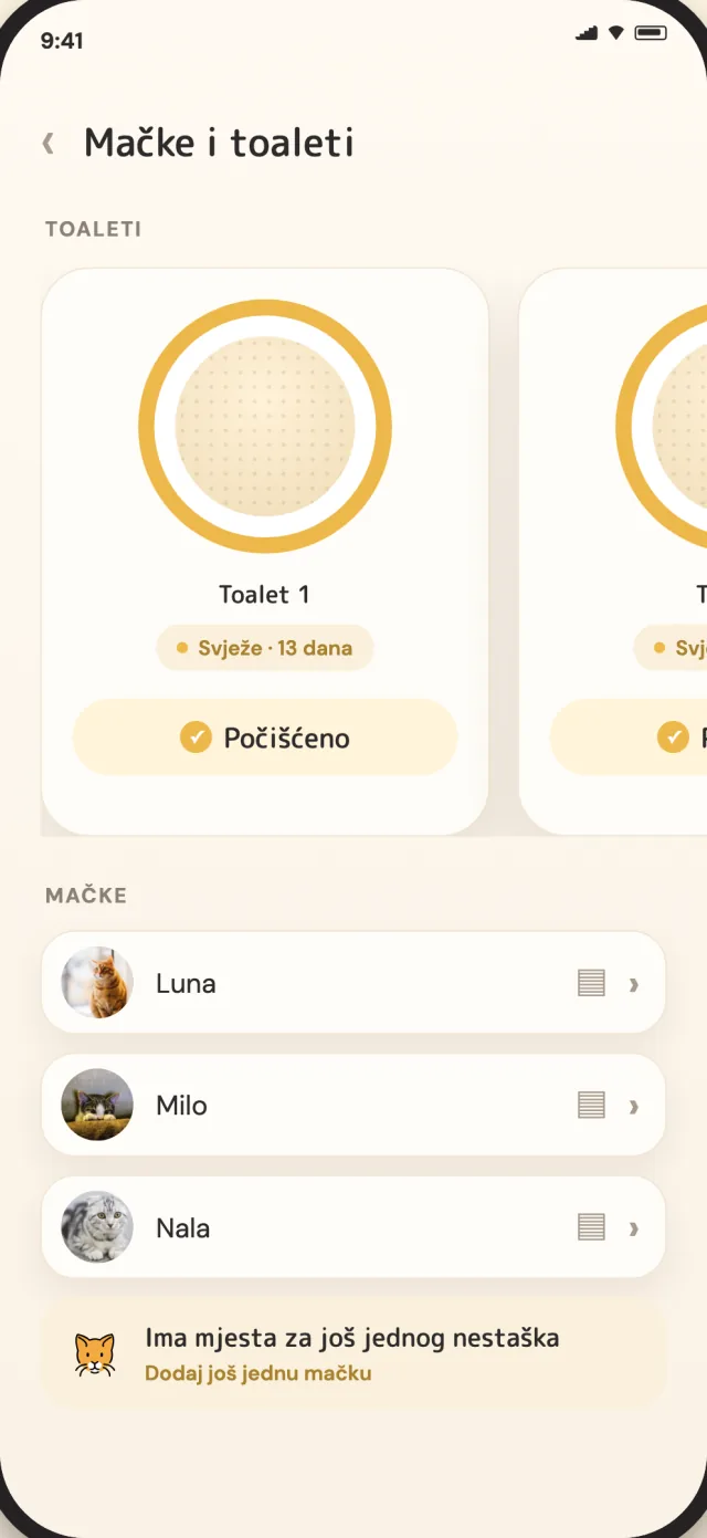 Zaslon mačaka i toaleta CatLittera s Lunom, Milom i Nalom u jednom mirnom prikazu