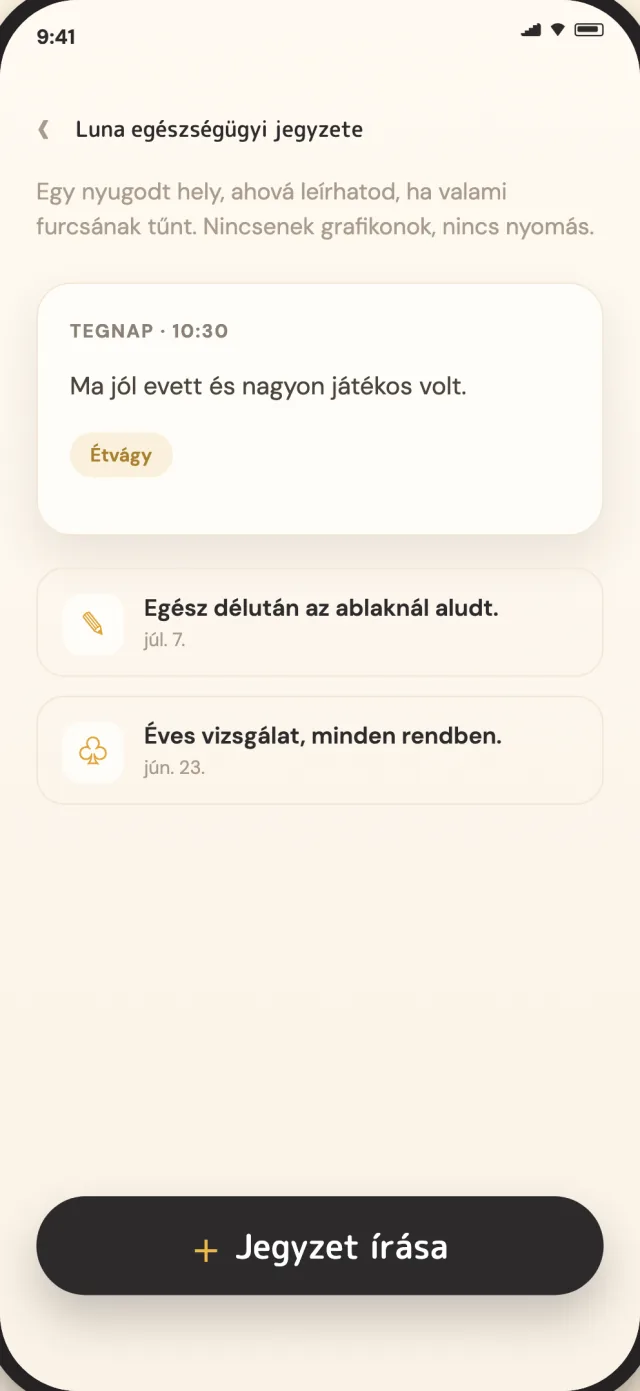 CatLitter egészségügyi jegyzetek egy macskához, privát módon az eszközön tárolva