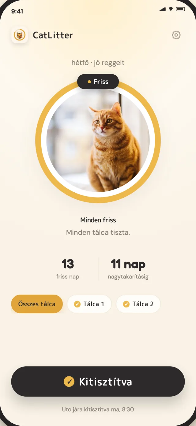 A CatLitter kezdőképernyője minden tálcát frissen, a napi tisztítást pedig rögzítésre készen mutatja