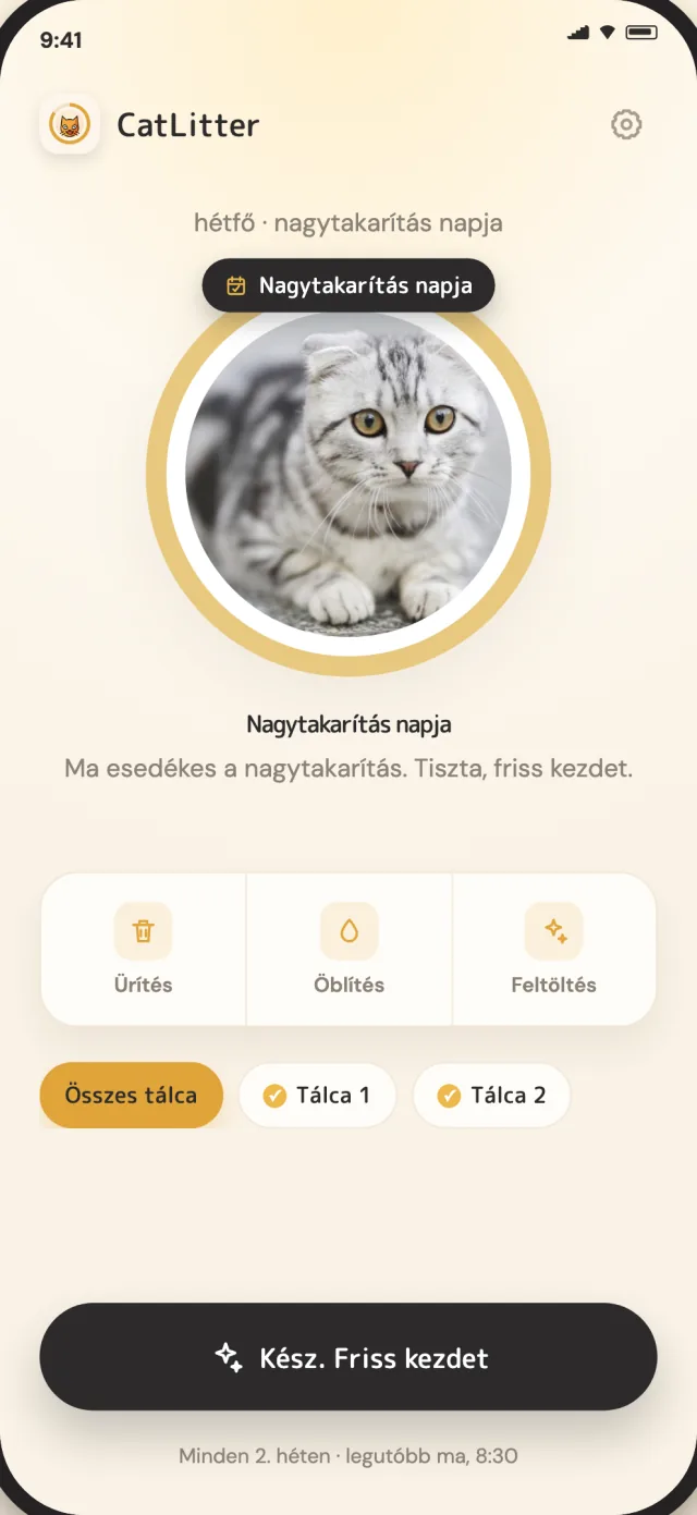 A CatLitter nagytakarítási képernyője megmutatja, mikor van szükség friss kezdésre