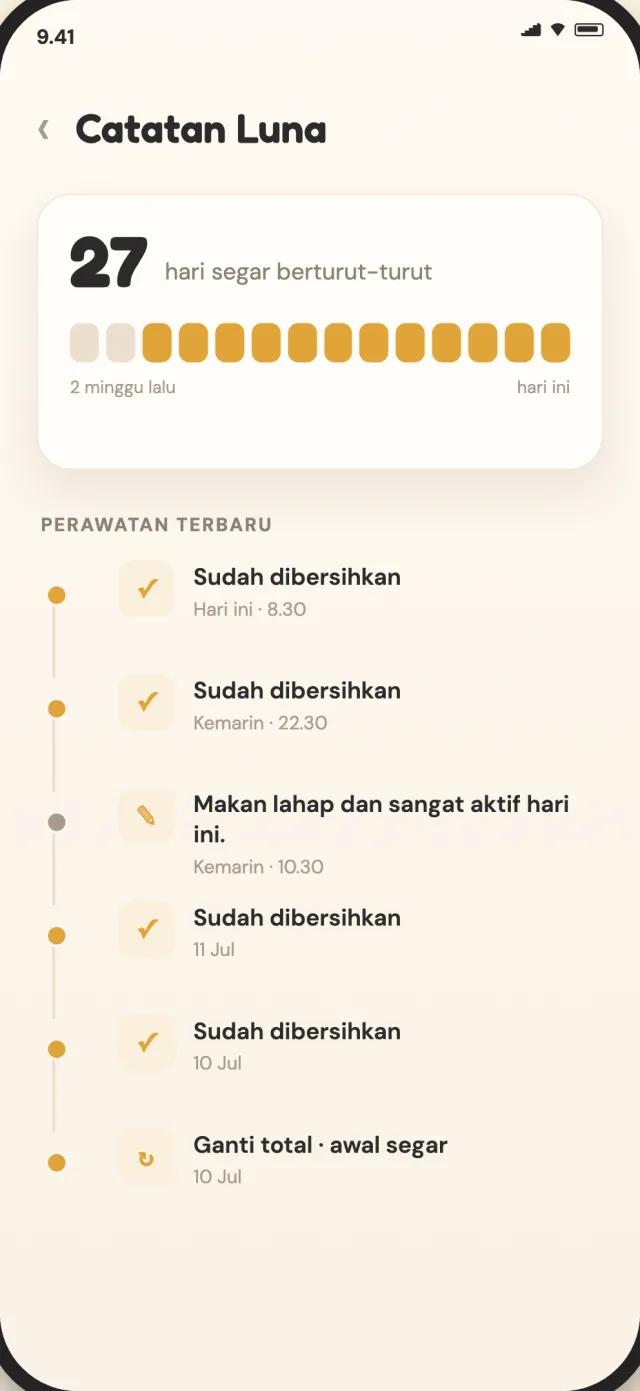 Log perawatan CatLitter dengan riwayat pembersihan dan ganti total
