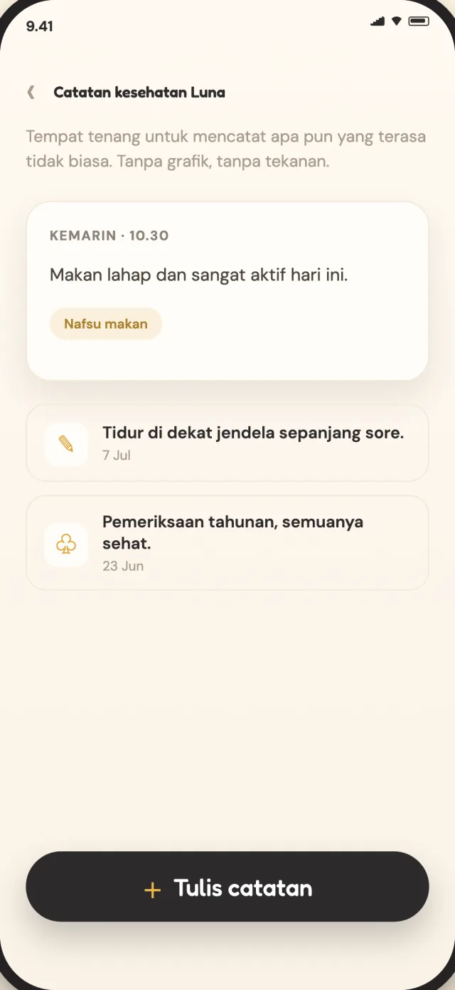 Catatan kesehatan kucing di CatLitter, disimpan secara pribadi di perangkat