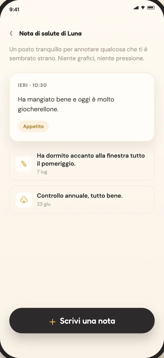 Note sulla salute di un gatto in CatLitter, salvate privatamente sul dispositivo