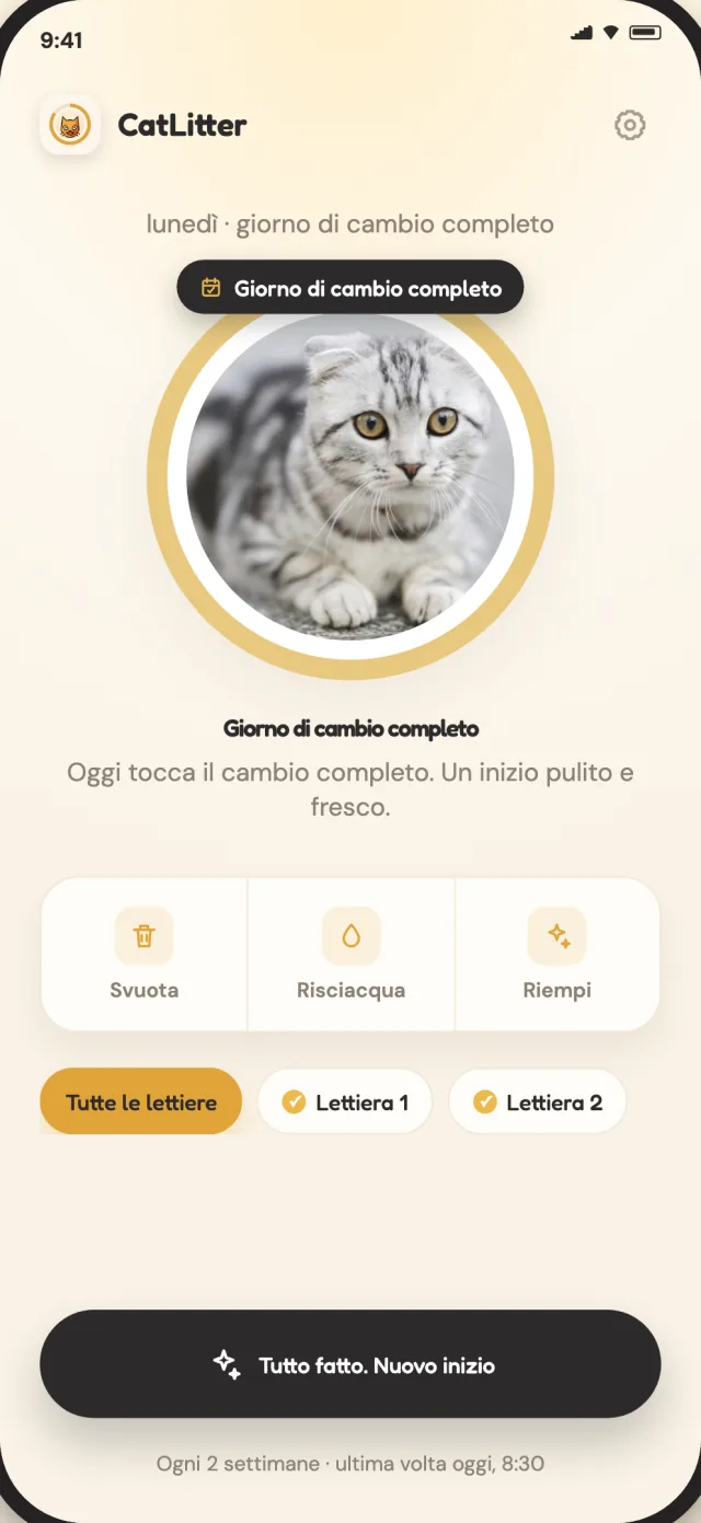 Schermata del cambio completo di CatLitter che mostra quando è il momento di un nuovo inizio