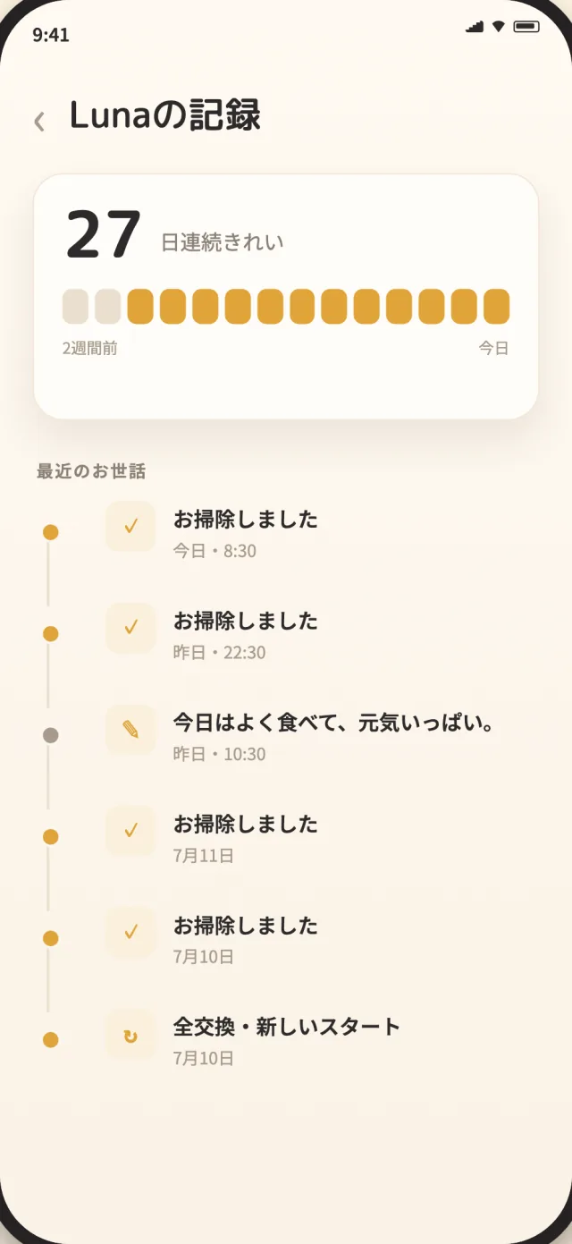 掃除と全交換の履歴を含むCatLitterのケア記録