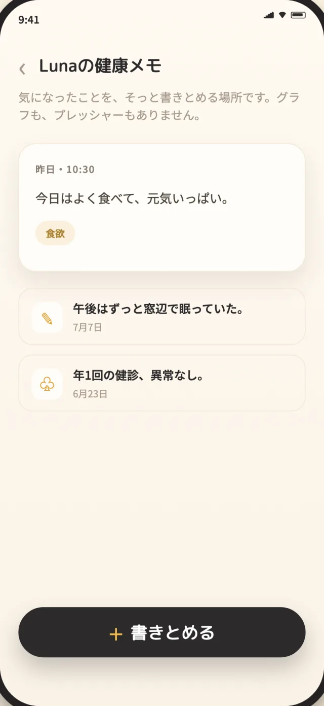 端末にプライベート保存されたCatLitterの猫の健康メモ