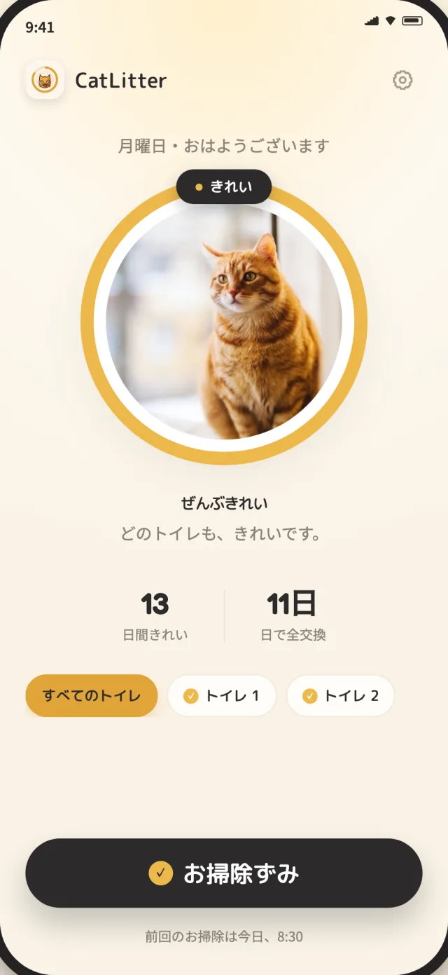 すべての猫トイレがきれいで、毎日の掃除を記録できる状態のCatLitterホーム画面