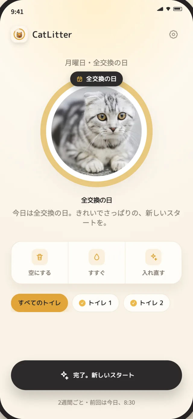 トイレを新しく整えるタイミングを示すCatLitterの全交換画面