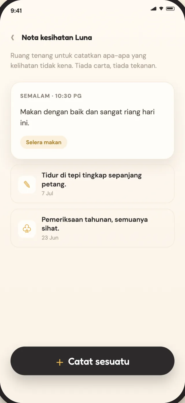 Nota kesihatan kucing CatLitter yang disimpan secara peribadi pada peranti
