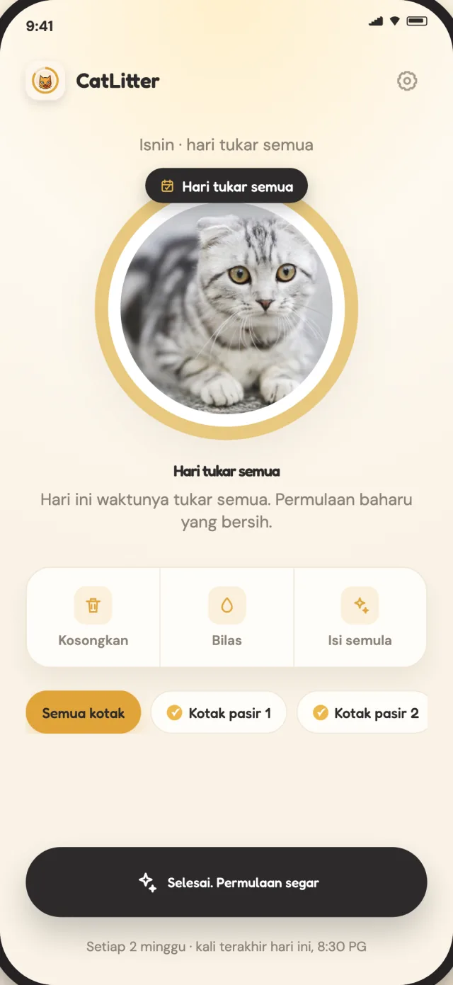 Skrin tukar semua CatLitter menunjukkan bila pasir memerlukan permulaan yang segar