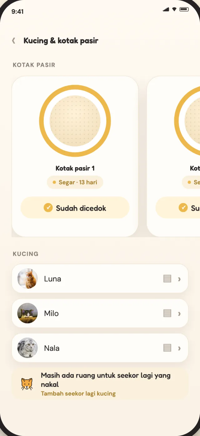 Skrin kucing dan kotak CatLitter menunjukkan Luna, Milo dan Nala dalam satu paparan yang tenang