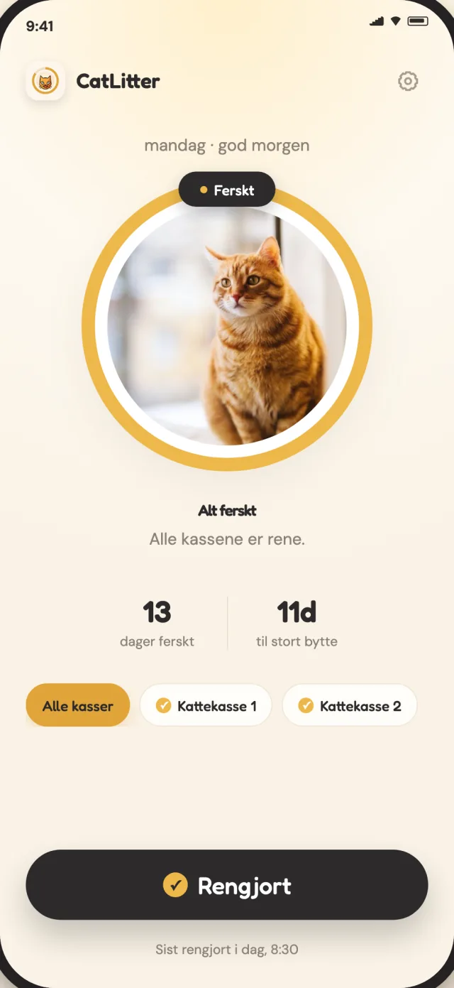 CatLitter-hjemskjerm som viser alle kattekassene friske og den daglige rengjøringen klar til å logges