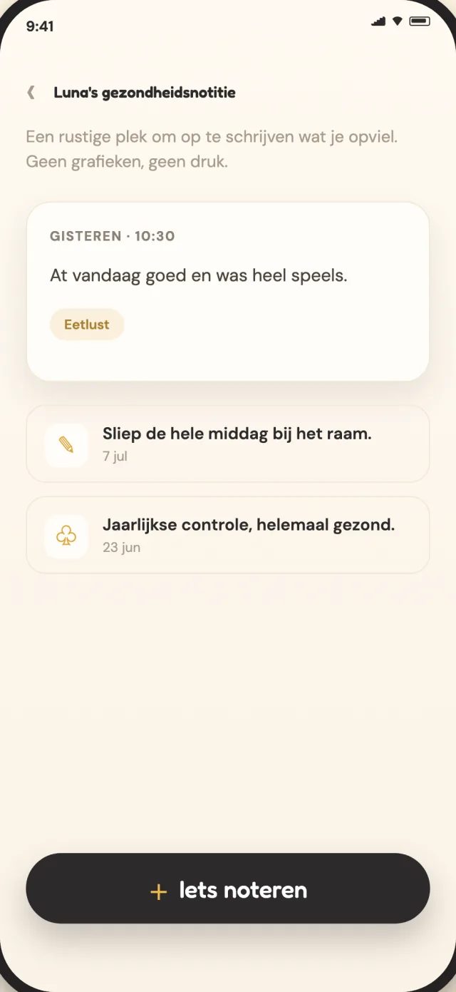 Gezondheidsnotities van CatLitter voor een kat, privé opgeslagen op het apparaat
