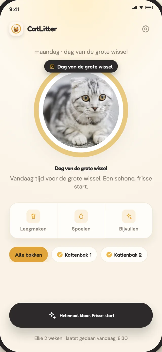 CatLitter-scherm voor een volledige wissel dat laat zien wanneer de bak een frisse start nodig heeft
