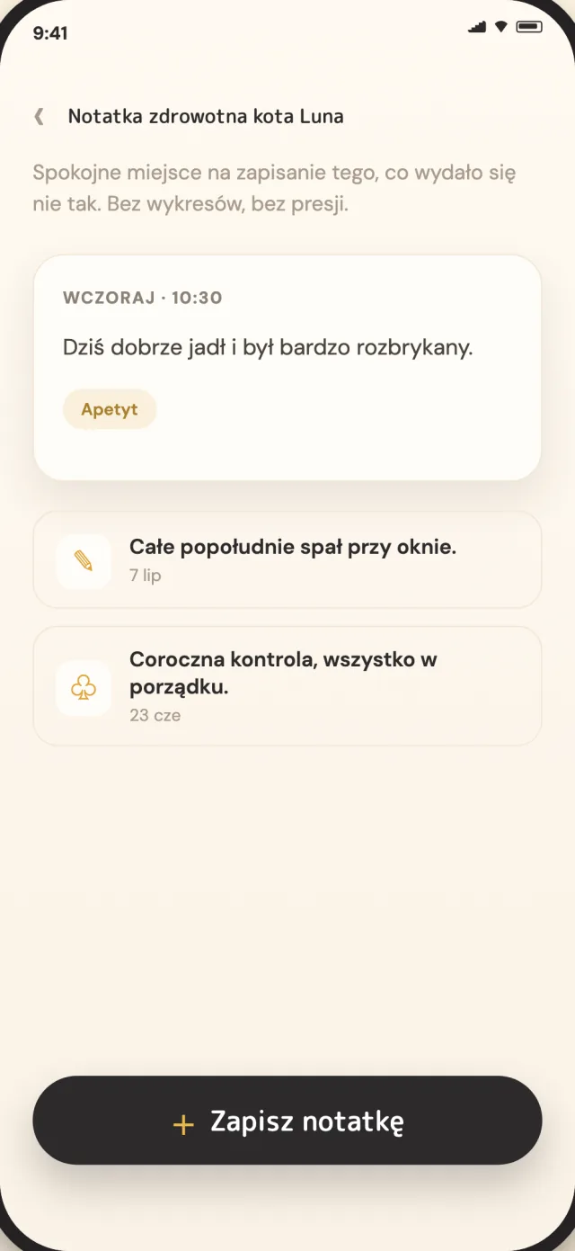 Notatki zdrowotne CatLitter dla kota, prywatnie zapisane na urządzeniu