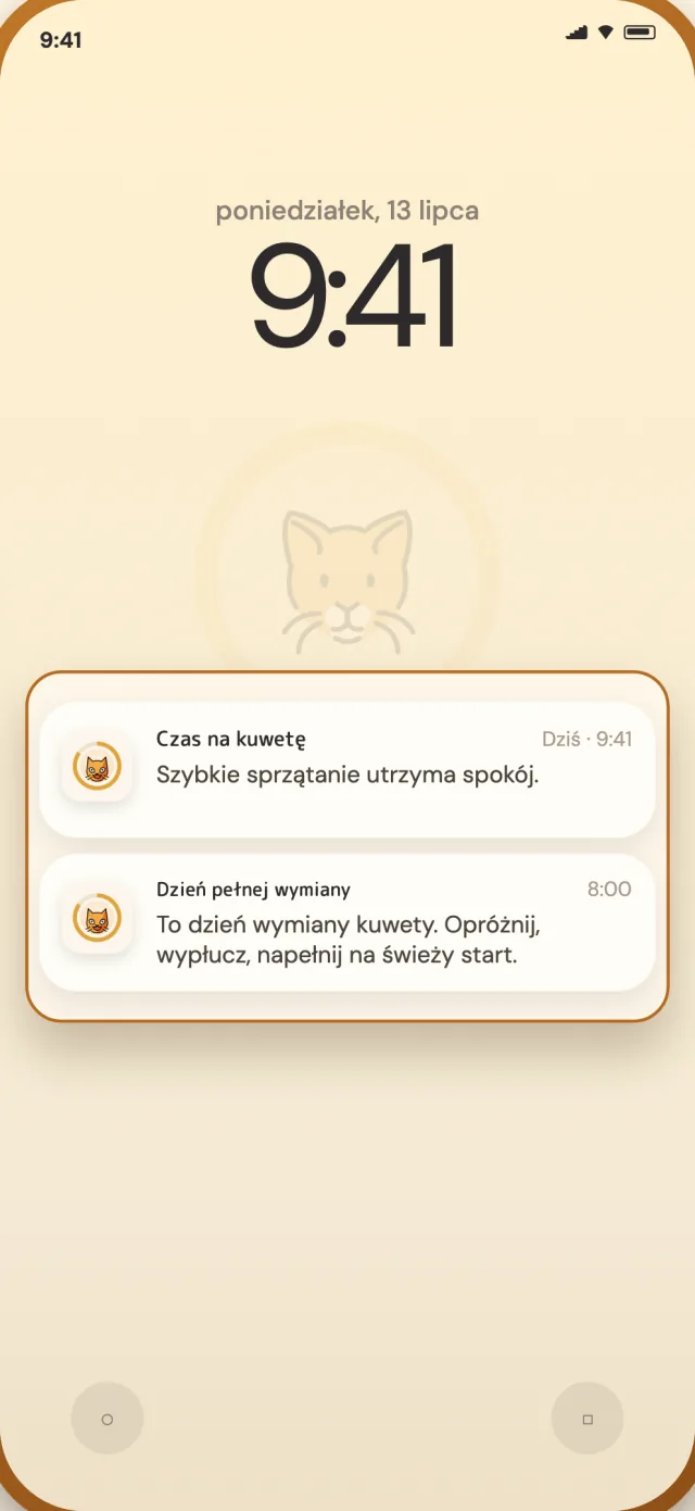 Codzienne powiadomienia CatLitter i powiadomienia o pełnej wymianie na ekranie blokady telefonu