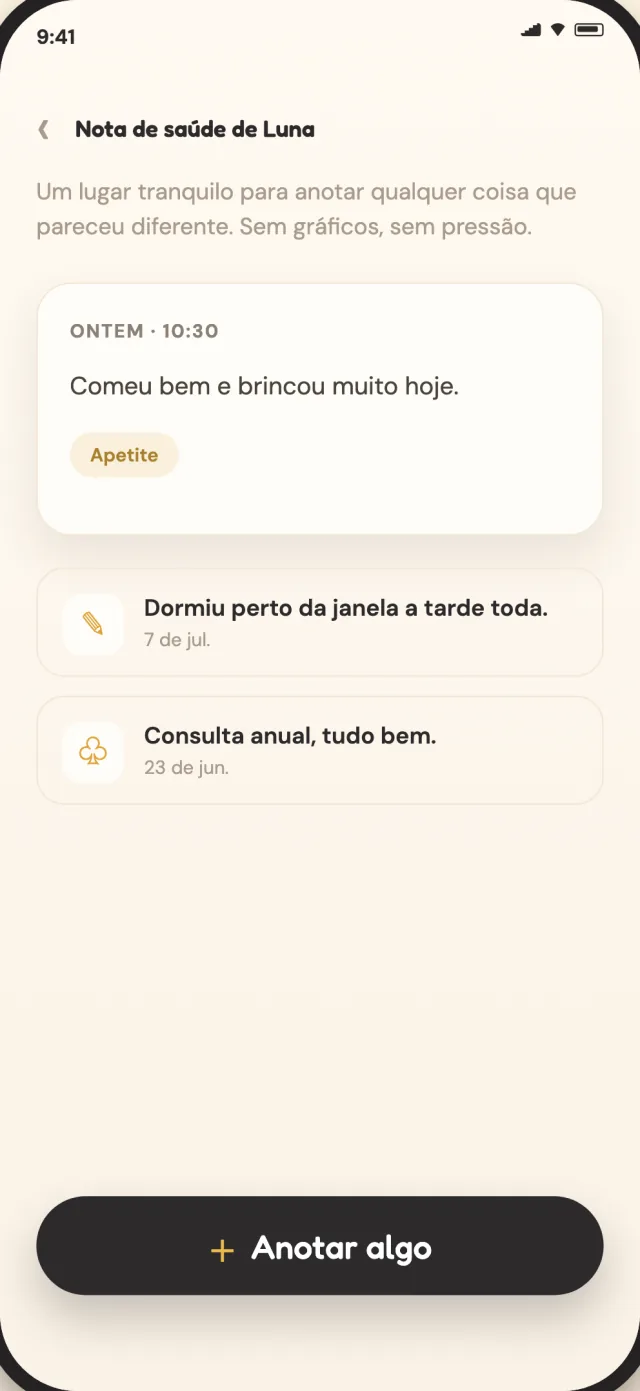 Notas de saúde de um gato no CatLitter, guardadas em privado no aparelho