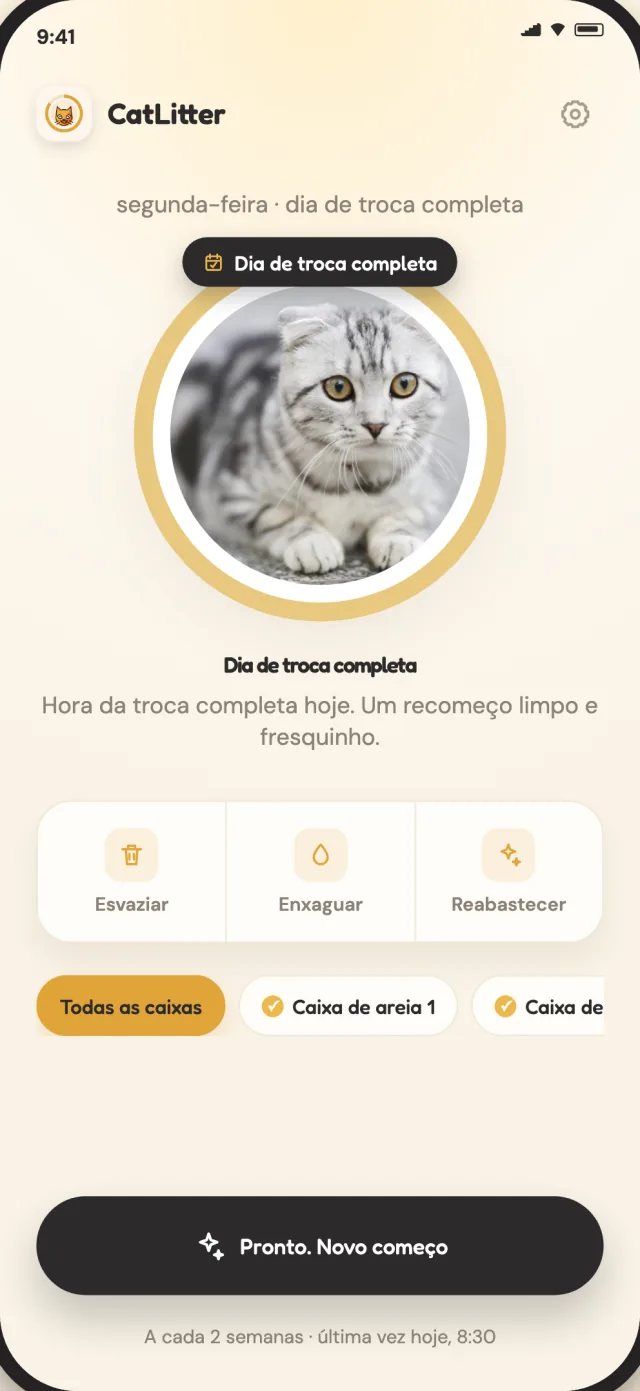 Tela de troca completa do CatLitter mostrando quando é hora de começar de novo, com tudo fresquinho