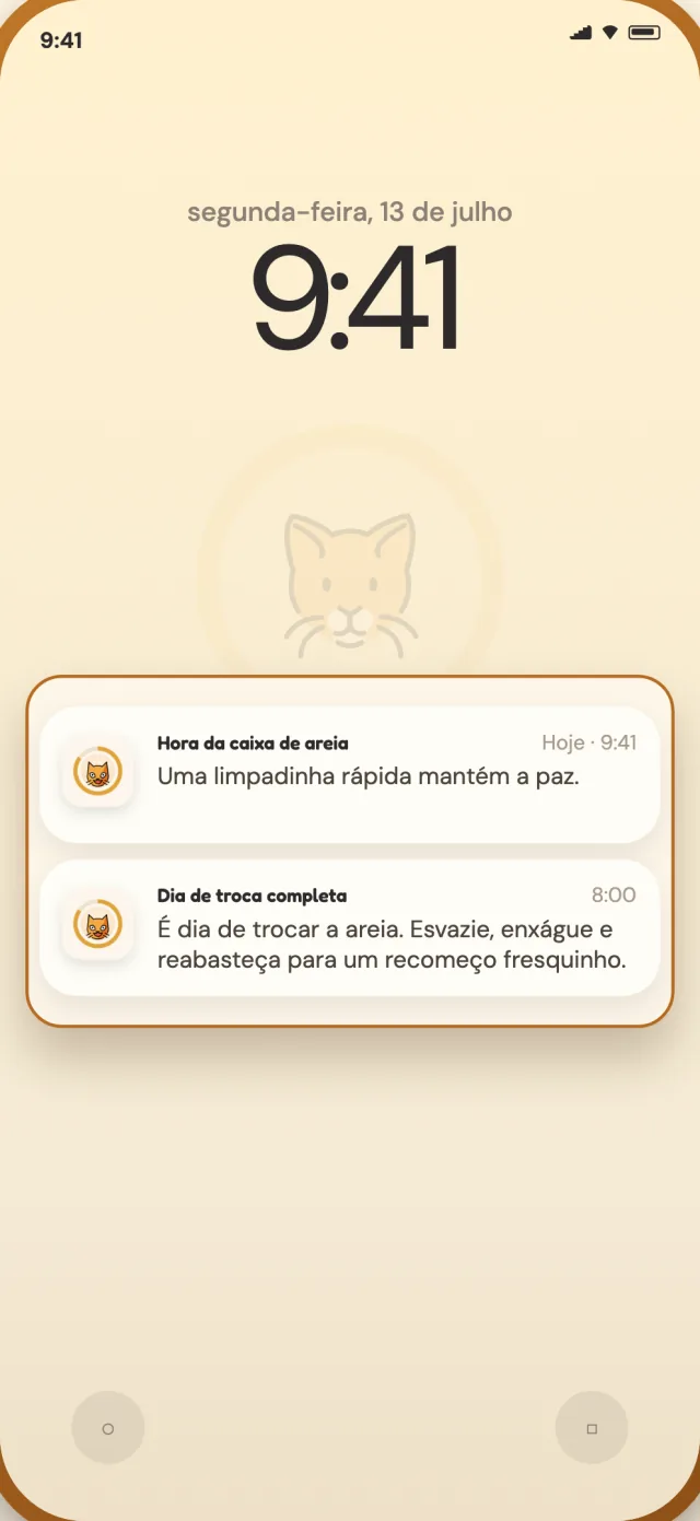 Notificações de limpeza diária e troca completa do CatLitter na tela bloqueada do celular