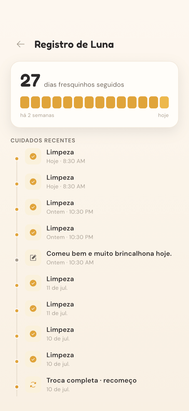 Tela de registro de cuidados do CatLitter com o histórico completo de limpezas e trocas