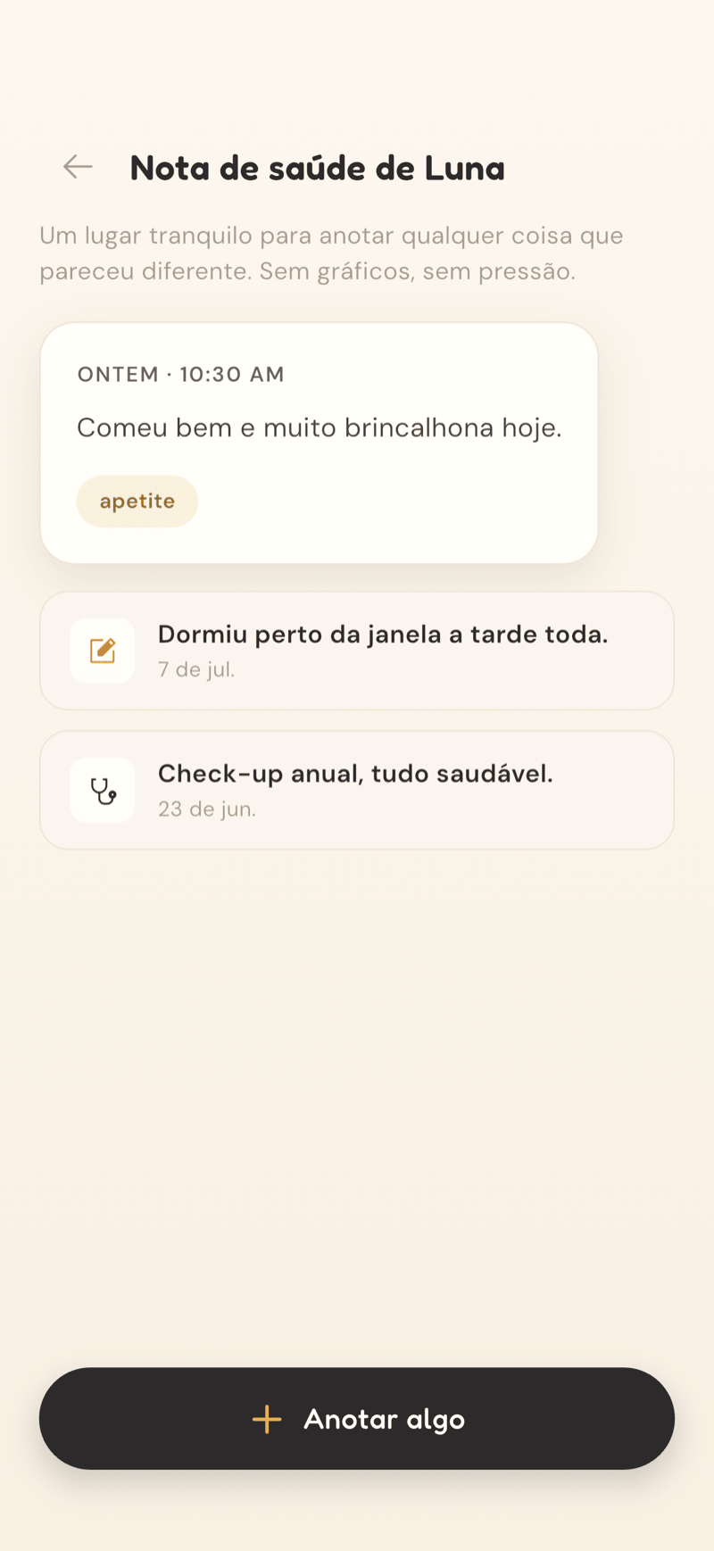 Tela de nota de saúde do CatLitter para um gato