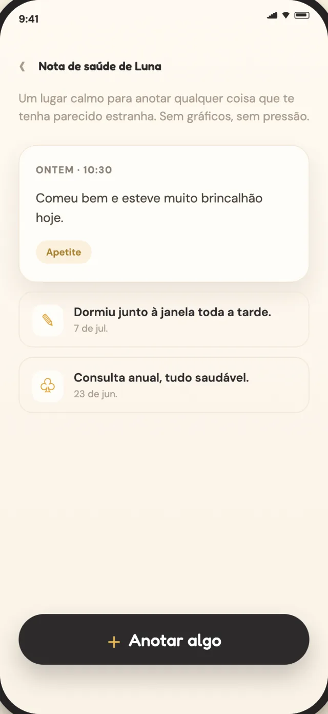 Notas de saúde do CatLitter para um gato, guardadas em privado no dispositivo