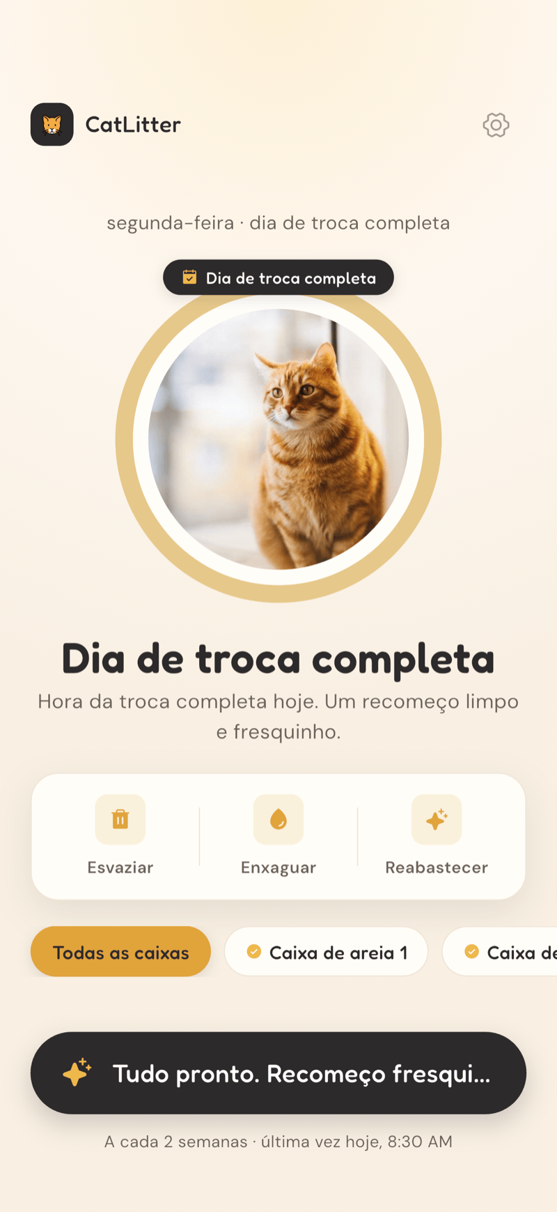 Tela inicial do CatLitter no dia de troca completa, com o halo quase vazio e um botão Limpei