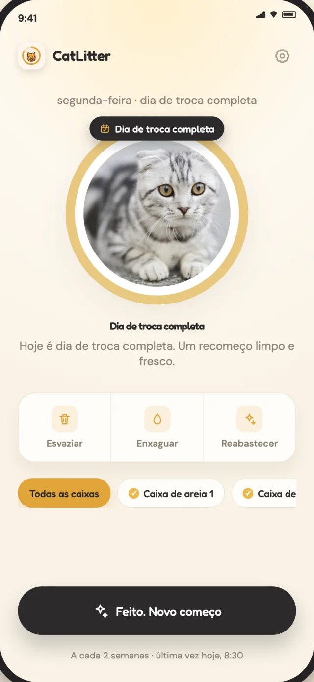 Ecrã de troca completa do CatLitter que mostra quando a caixa precisa de um novo começo
