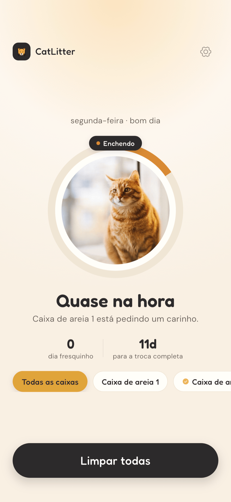 Tela inicial do CatLitter mostrando uma caixa ficando cheia, com os dias de frescura e o tempo até a troca completa