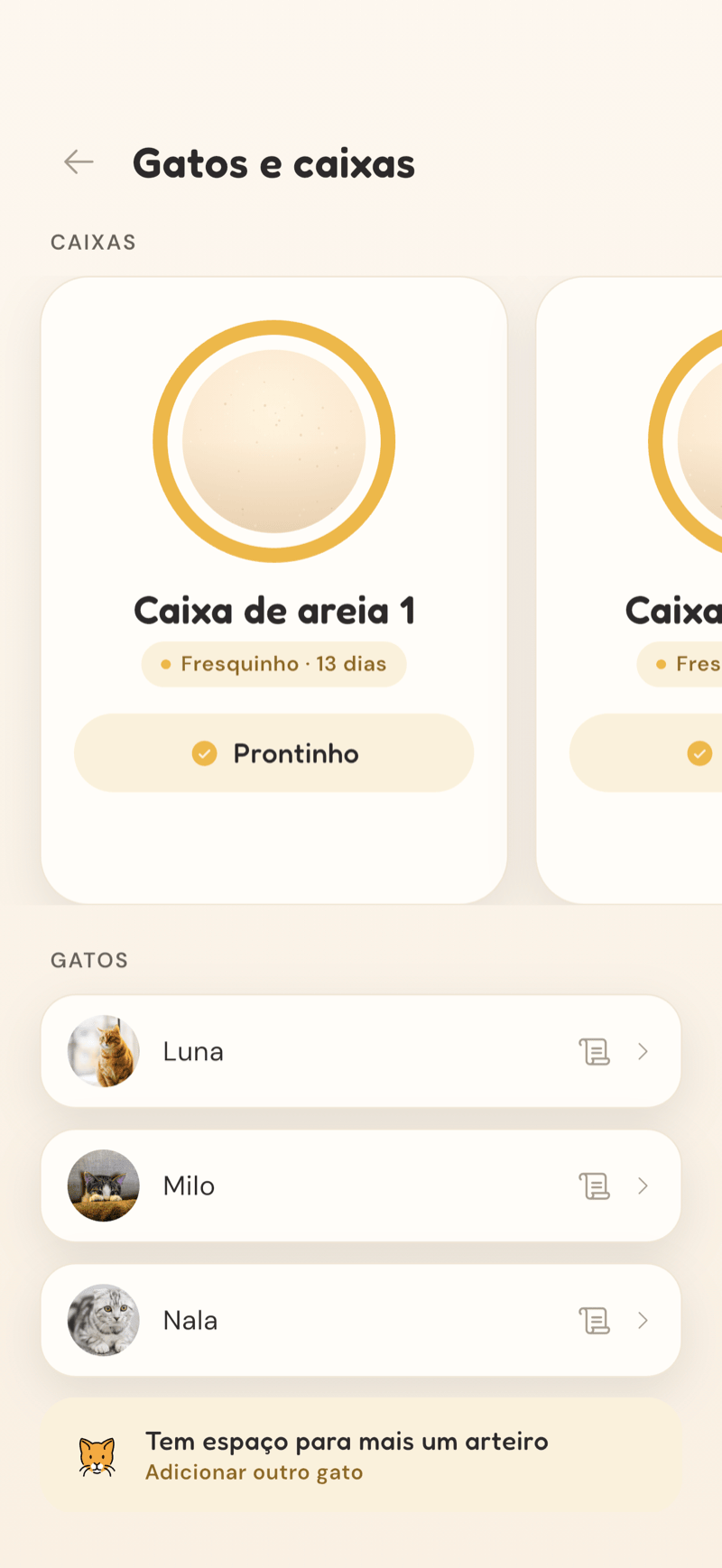 Tela de gatos e caixas do CatLitter listando Luna, Milo e Nala com suas caixas de areia