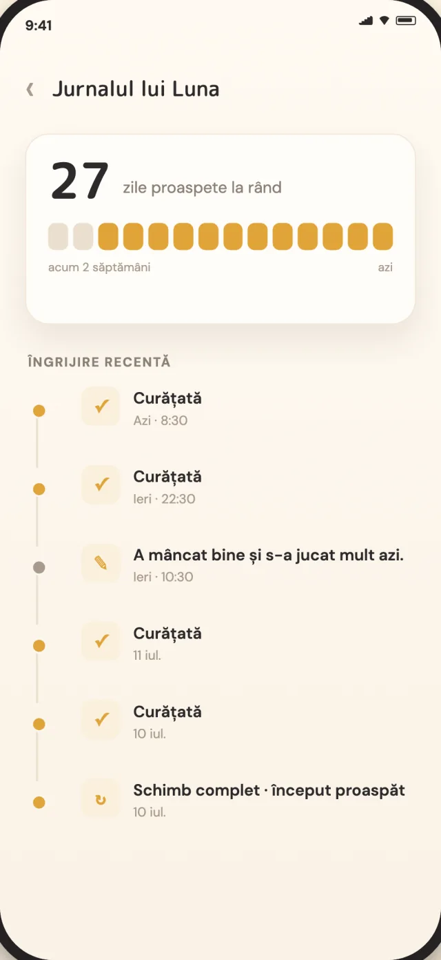 Jurnalul de îngrijire CatLitter cu istoricul curățării și al schimbului complet
