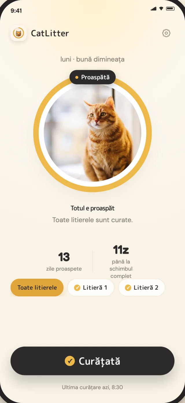 Ecranul principal CatLitter arată fiecare litieră proaspătă și curățarea zilnică gata de înregistrat
