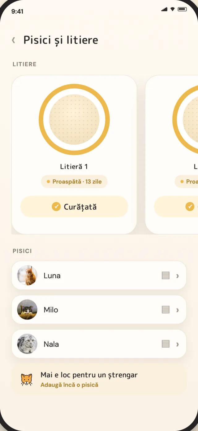 Ecranul cu pisici și litiere CatLitter le arată pe Luna, Milo și Nala într-o singură privire calmă