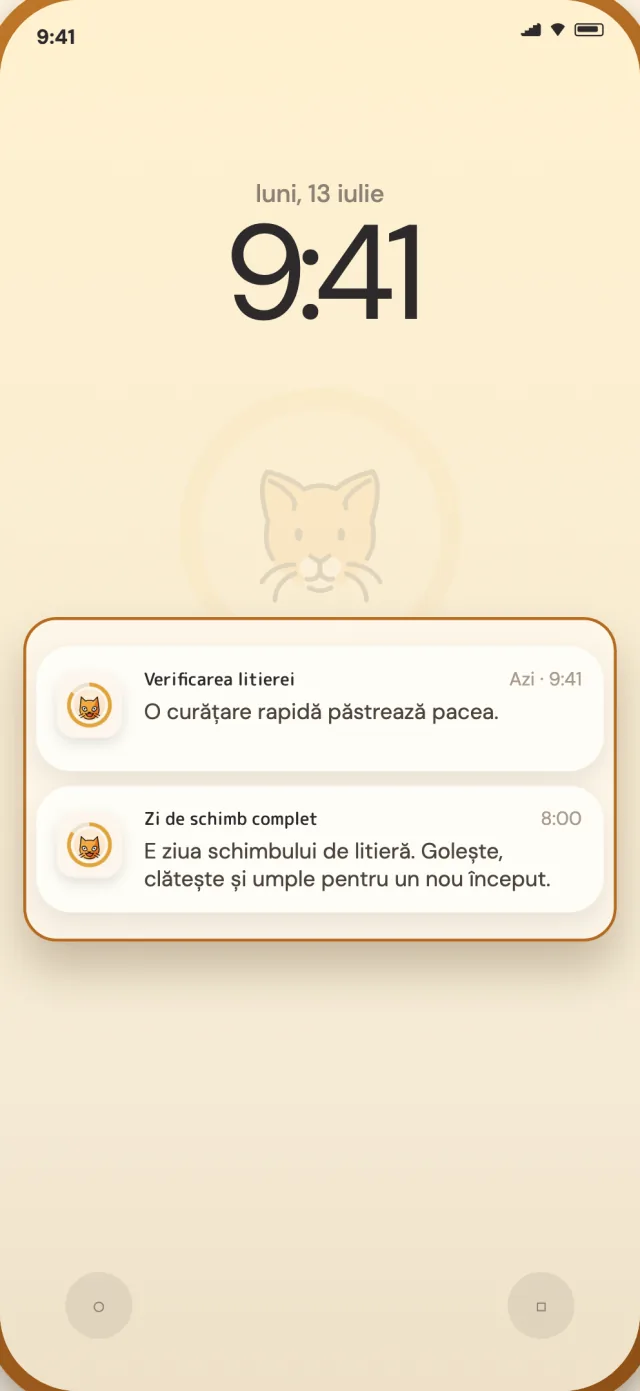 Notificările zilnice și de schimb complet CatLitter pe ecranul blocat al telefonului