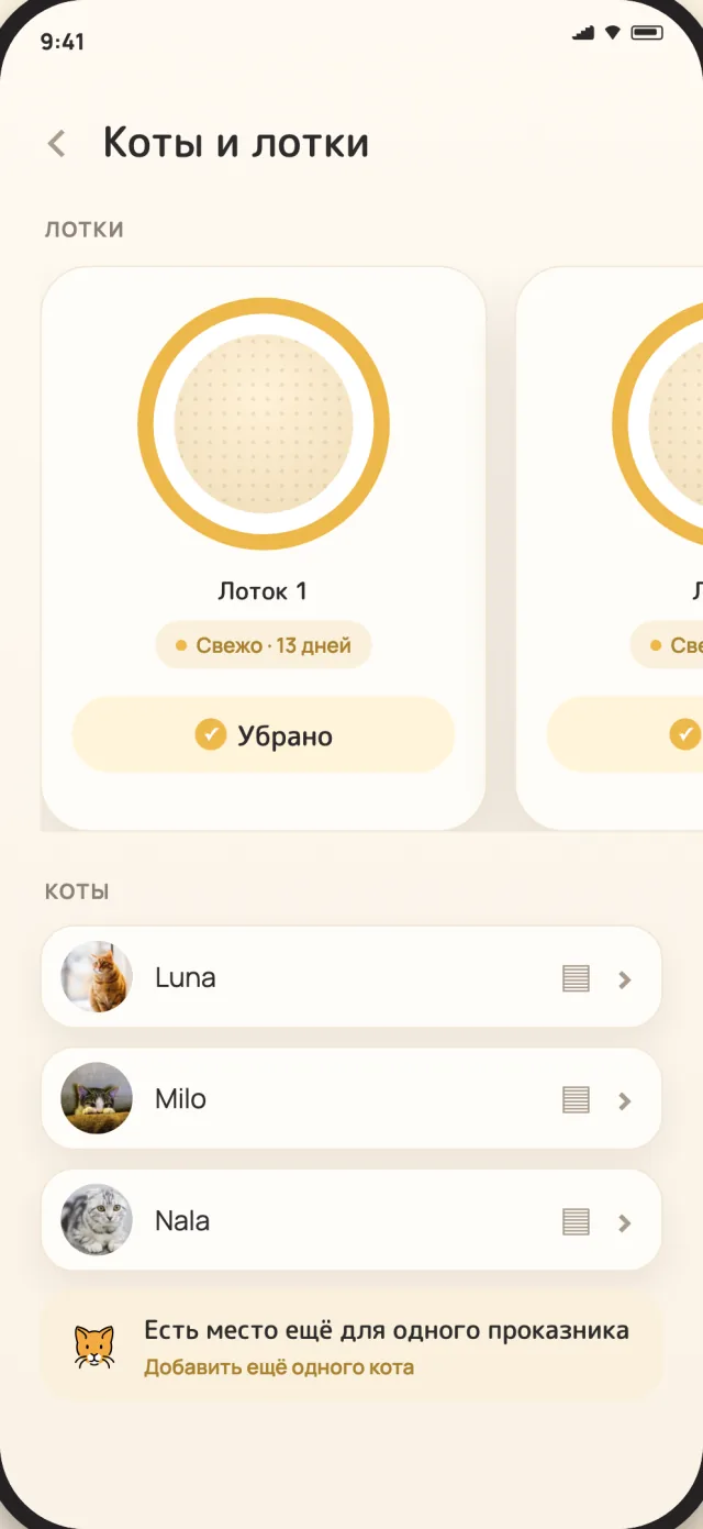 Экран котов и лотков CatLitter с Луной, Майло и Налой в одном спокойном окне