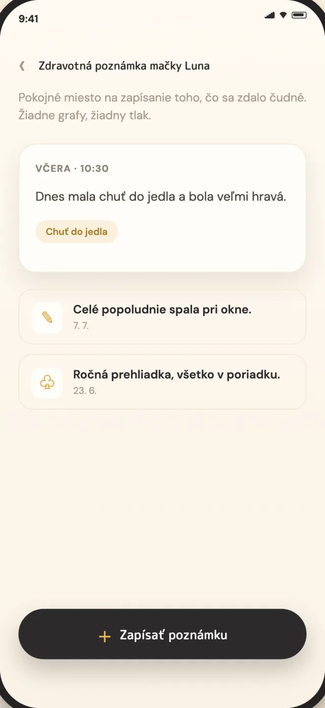 Zdravotné poznámky CatLitter o mačke, súkromne uložené v zariadení