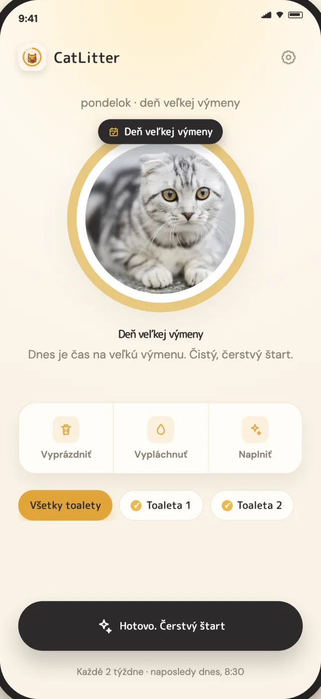 Obrazovka úplnej výmeny CatLitter ukazuje, kedy záchod potrebuje nový začiatok