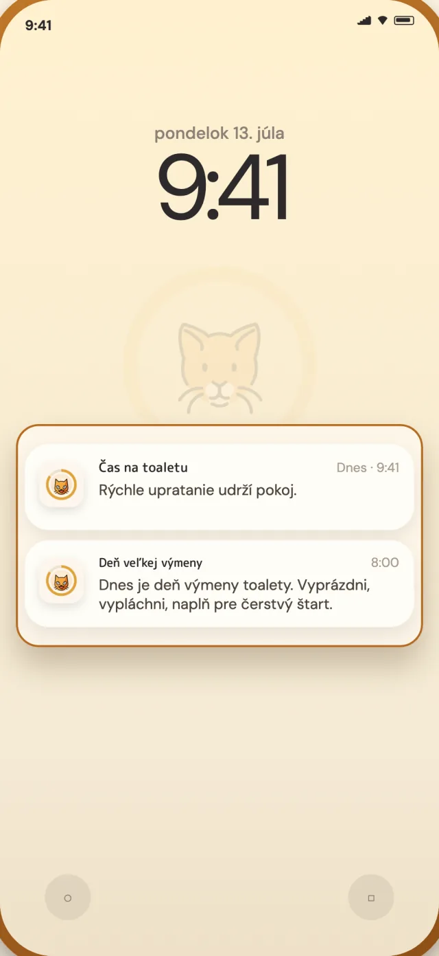 Denné upozornenia a upozornenia na úplnú výmenu CatLitter na zamknutej obrazovke telefónu