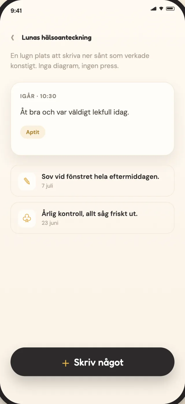 CatLitter-hälsoanteckningar för en katt, privat sparade på enheten