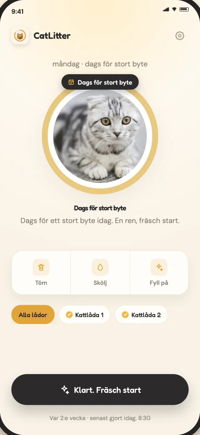 CatLitter-skärm för stort byte som visar när lådan behöver en fräsch start