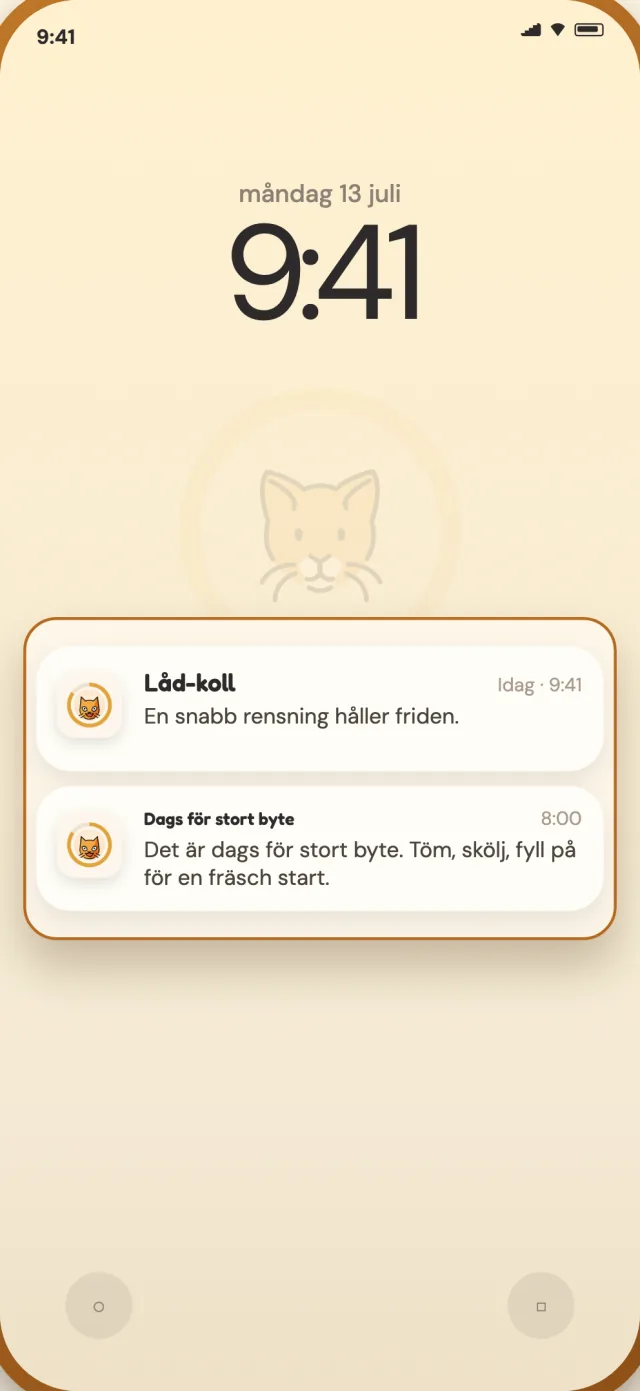 CatLitter-aviseringar för daglig rensning och stort byte på telefonens låsskärm