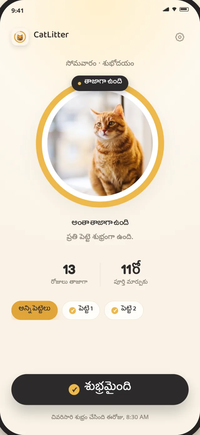 CatLitter హోమ్ స్క్రీన్ ప్రతి పెట్టెను తాజాగా, రోజువారీ శుభ్రపరచడం నమోదు చేయడానికి సిద్ధంగా చూపిస్తుంది