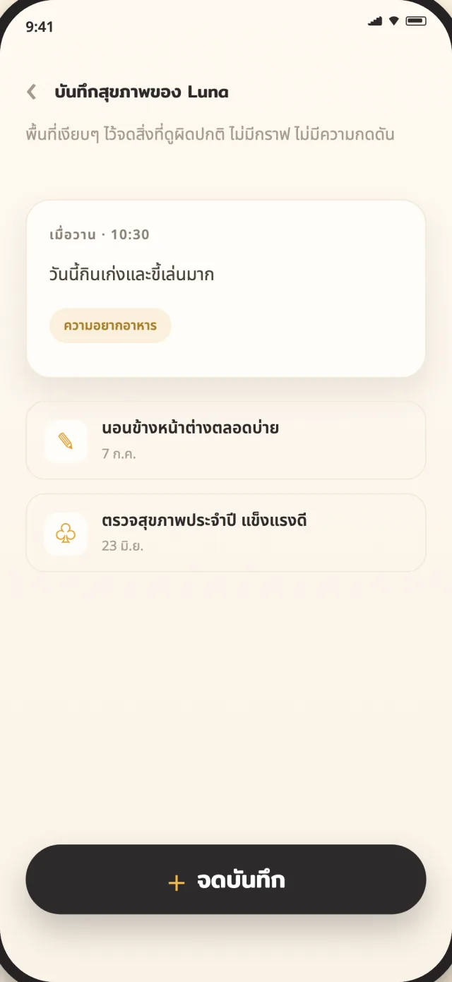 บันทึกสุขภาพแมวใน CatLitter ที่เก็บเป็นส่วนตัวบนอุปกรณ์