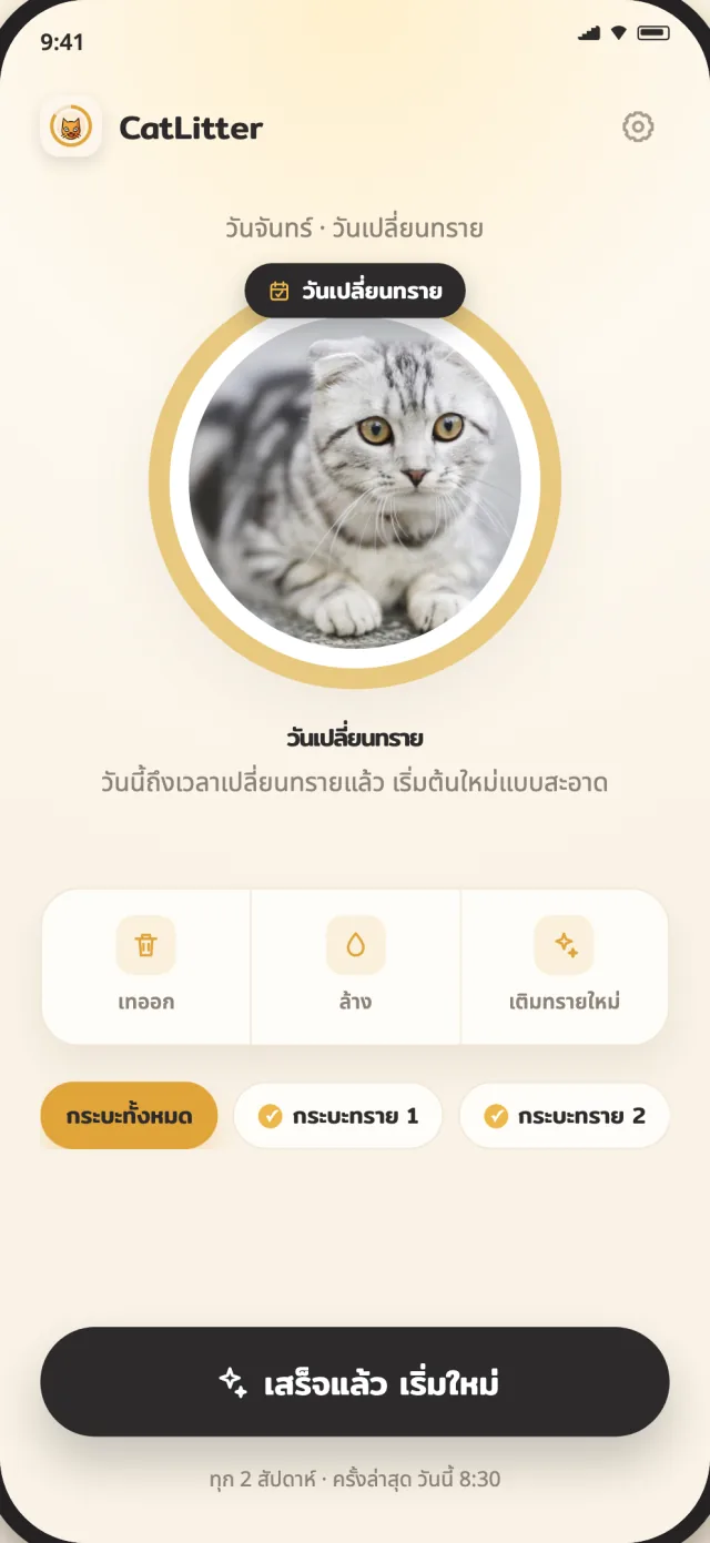 หน้าจอเปลี่ยนทรายทั้งชุดของ CatLitter แสดงเวลาที่กระบะต้องเริ่มต้นใหม่อย่างสดใหม่
