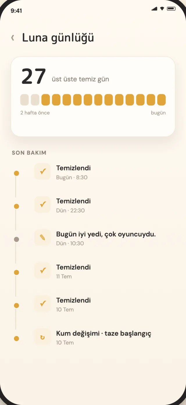 Temizlik ve tam değişim geçmişiyle CatLitter bakım günlüğü