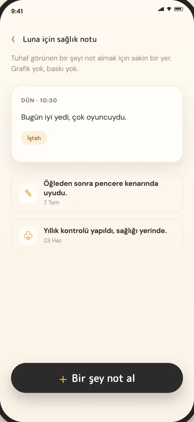 Cihaza özel olarak kaydedilmiş CatLitter kedi sağlık notları