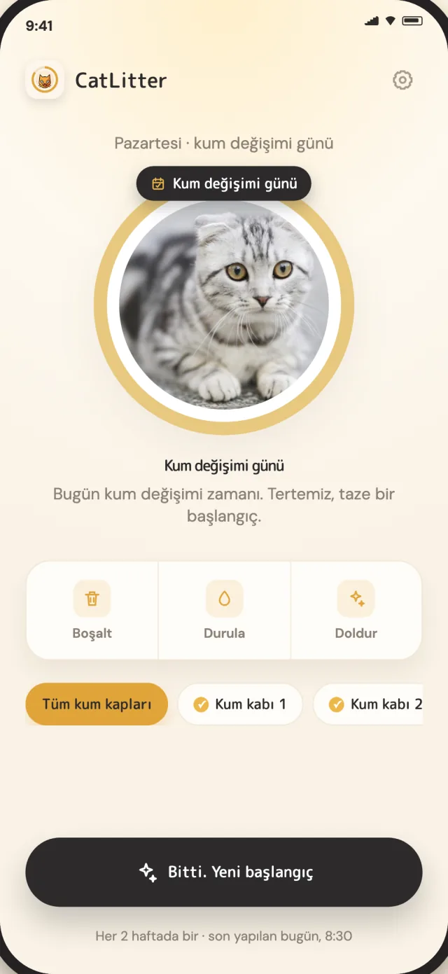Kum kabının yeni bir başlangıca ne zaman ihtiyaç duyduğunu gösteren CatLitter tam değişim ekranı